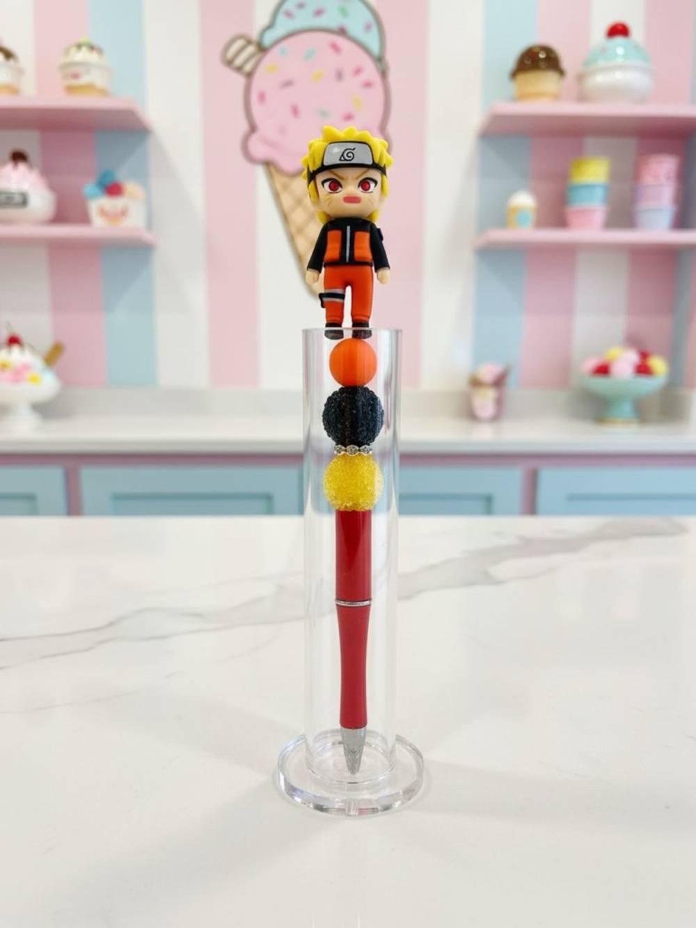 Handmade Naruto-Inspired Red and Orange Character Beaded Pen - Kawaii
